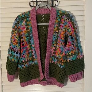 Handmade by Dao Colorful Multicolored Crochet Hexagon Cardigan Open-Front